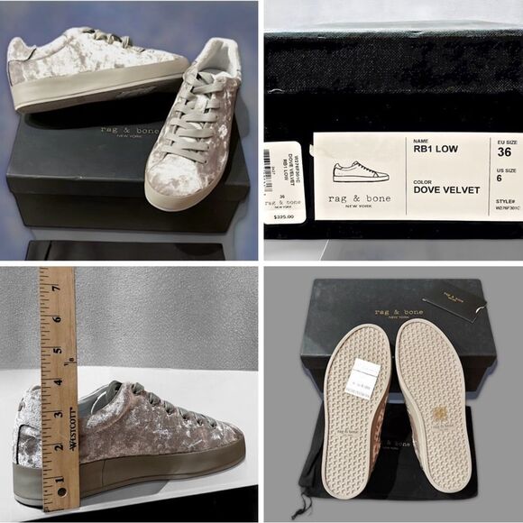 Rag & Bone Sneakers RB1 Low Top in Dove Crushed Velvet Silver Grey - Picture 14 of 17